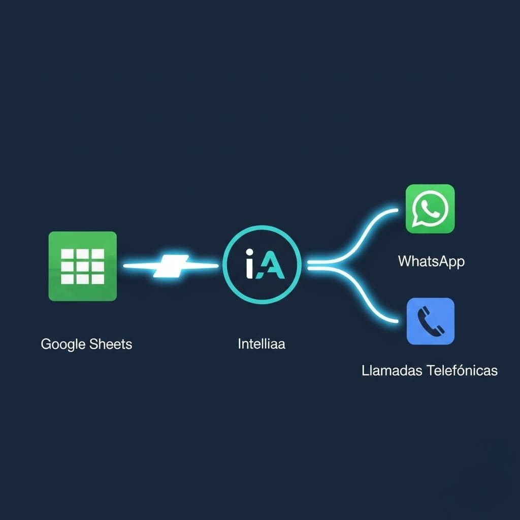 Un diagrama minimalista que muestre un ícono de Google Sheets conectado por un rayo de energía a un logo de Intelliaa, y de ahí saliendo hacia WhatsApp y llamadas telefónicas.