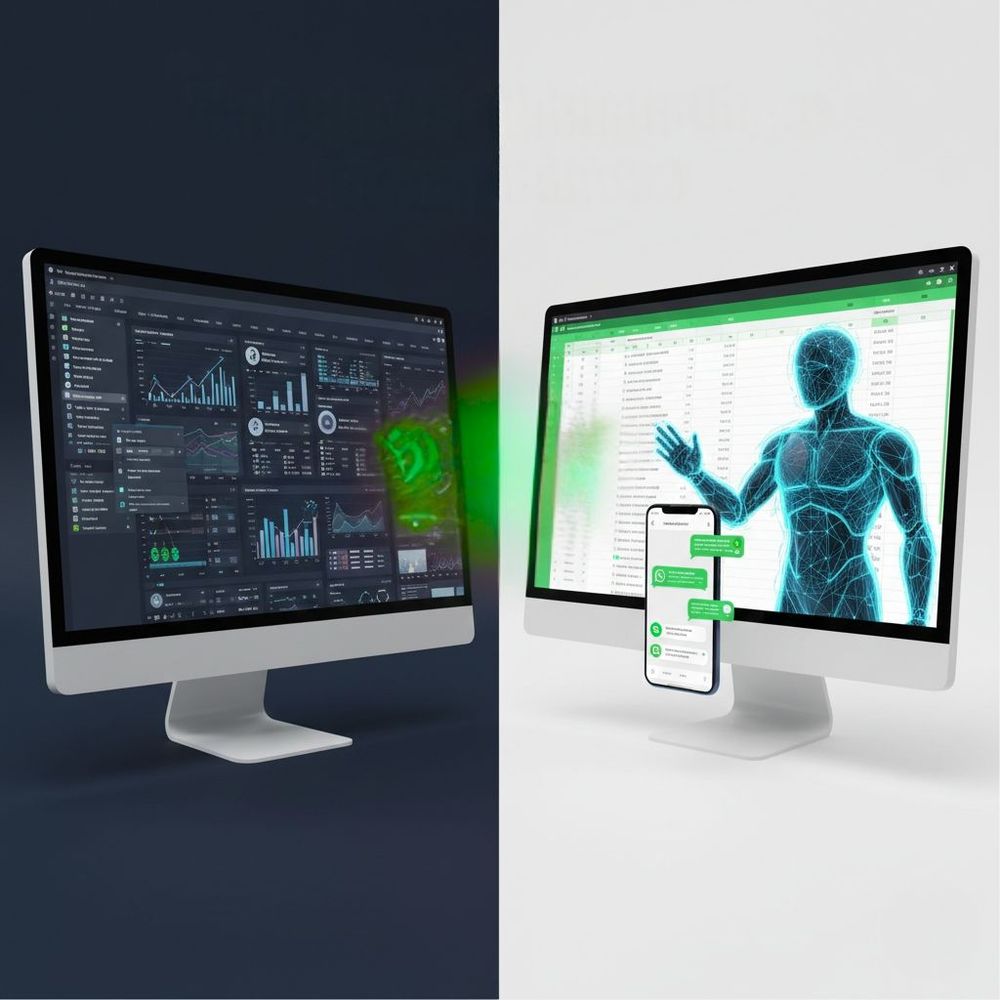 Una pantalla dividida. A la izquierda, un software de CRM oscuro, lleno de botones, gráficos incomprensibles. A la derecha, una hoja de Google Sheets limpia y brillante de la cual emerge un asistente digital moderno (estilo neón/tecnológico) interactuando con un smartphone que muestra chats de WhatsApp.
